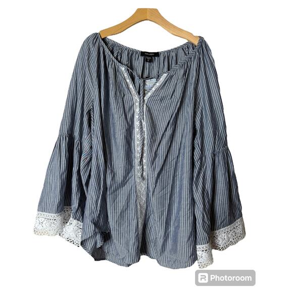 Karen Kane Tops - NWT Karen Kane Plus 1X Blue & White Stripe Lace Cuff Bell Sleeve Top